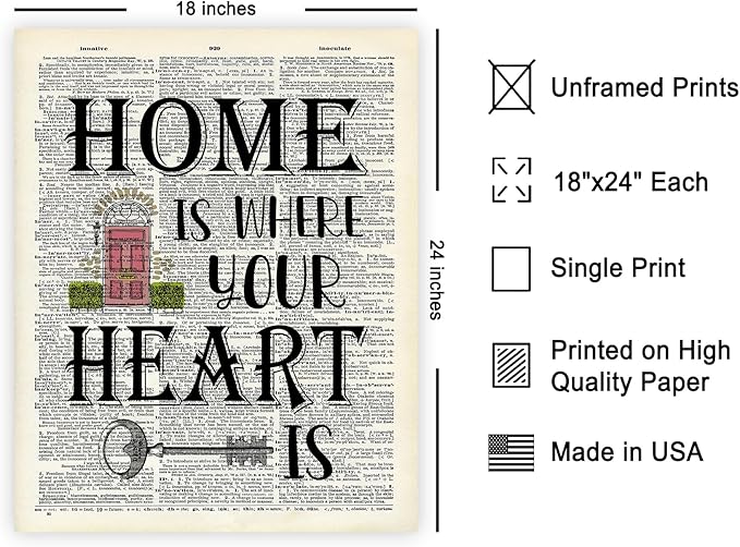 Poster Master Dictionary Art Poster - Home Is Where Your Heart Is Print - Motivational Art - Gift for Men & Women - Inspiring Wall Decor for Dorm, Bedroom or Living Room, 18x24 Unframed Wall Art