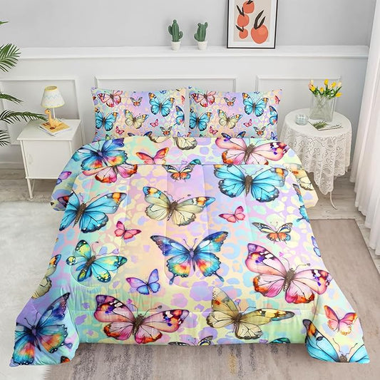 Kids Comforter Set Butterfly Printed Pattern Bedding Set with 1 Comforter and 2 Pillowcases for Girls Boys Bedroom All Season(Butterfly0 Twin)