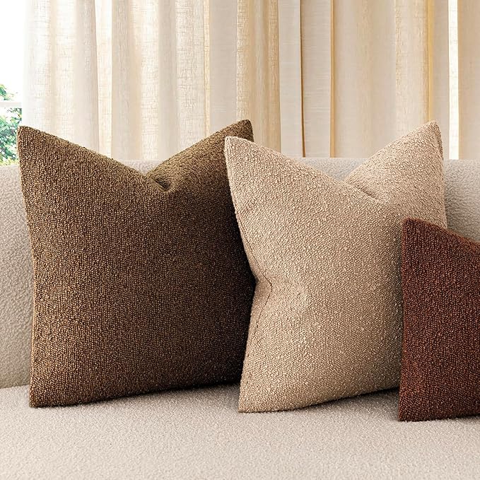 Foindtower Pack of 2 Modern Textured Boucle Throw Pillow Covers Accent Solid Decorative Pillow Cases Cozy Woven Couch Cushion Case for Chair Sofa Bedroom Living Room Home Decor 20x20 Inch Hazel Brown