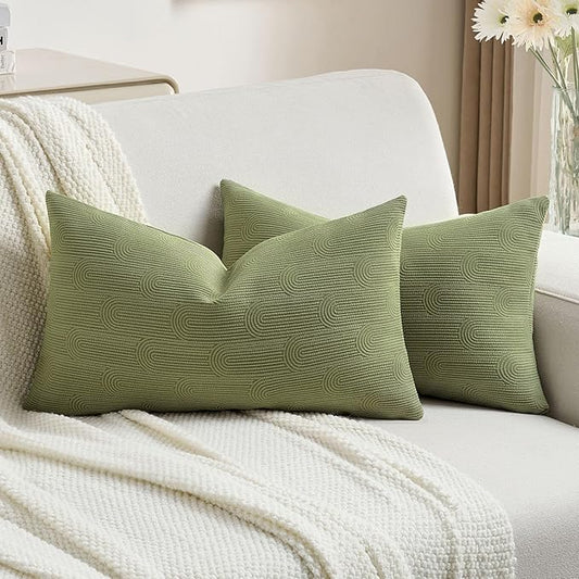 FUTEI Moss Green Chenille Decorative Throw Pillow Covers 12x20 Inch Set of 2,Soft Cozy Striped Geometric Patterns Lumbar Pillow Cases,Modern Home Decor for Couch Bed Living Room