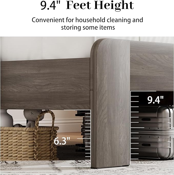 King Size Wooden Bed Frame with Bookcace Storage Headboard, Rustic Farmhouse Bedframe with LED Lights and Charging Station, Sturdy and Stable, Slat Support, No Box Spring Required (Light Brown, King)