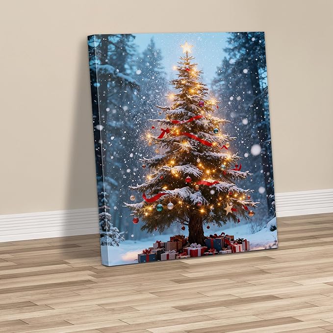 Framed Christmas Pictures Wall Decor,Vintage Pine Tree Prints,Winter Christmas Canvas Wall Art Decoration for Bedroom Bathroom Living Room Rustic Xmas Holiday Gifts (Christmas Tree 16, 16'' X 24'')