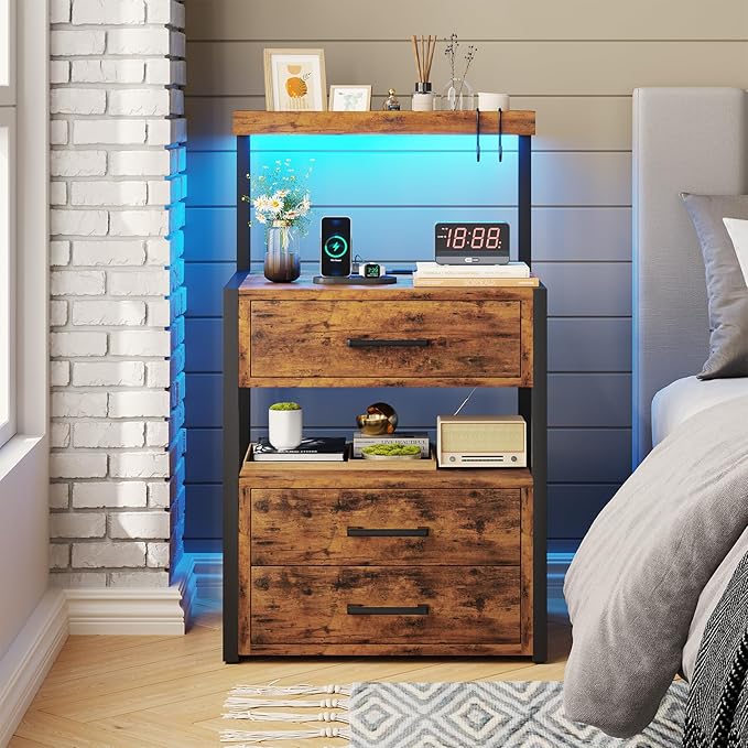 Nightstand with Charging Station and LED Lights, LED Night Stand with 2 USB Ports and 2 AC Outlets, Modern End Table with 3 Drawers, Bedside Table with Open Storage for Bedroom, Rustic Brown