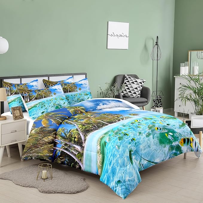 Tailor Shop Coastal Comforter Sets Coastal Bedding Sets Queen Size Beach Themed Fish Bedding Set Sea Ocean Bed Sets with 1 Comforter 2 Pillowcases…