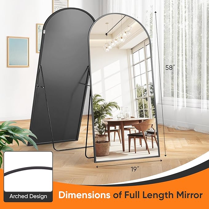Suidia Full Length Mirror, 58"x19" Floor Standing Mirror Freestanding, Full Body Mirrors with Stand for Bedroom, Hanging Mounted for Living Room Cloakroom, Black, Arched Style