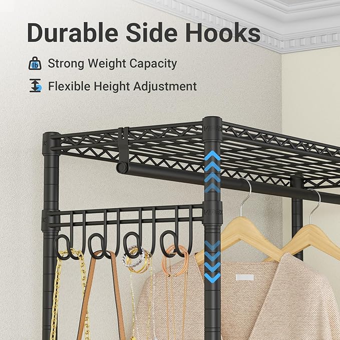 VIPEK L4 Garment Rack L Shaped Clothes Rack for Corner, Freestanding Portable Wardrobe Closet Heavy Duty Clothing Rack with 3 Hanging Rods & 2 Side Hooks, 43.3"Lx29.1"Wx76.4"H, Max Load 810LBS, Black