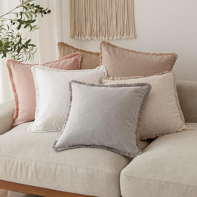 Foindtower Set of 2 Decorative Linen Fringe Throw Pillow Covers Boho Farmhouse Cushion Cover with Tassels Soft Accent Pillowcase for Couch Chair Sofa Bed Living Room Home Decor,16×16 Inch,Light Pink
