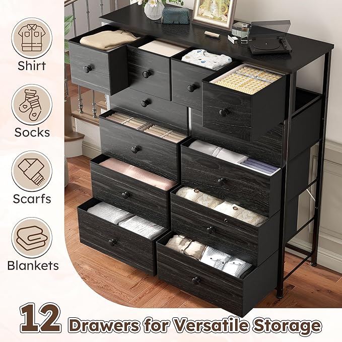 Dresser for Bedroom with 12 Drawers Tall Dressers for Bedroom Fabric Dressers & Chest of Drawers with Sturdy Metal Frame, Wood Top, for Woman, Closet, 40.6" W x 11.8" D x 44.5" H (Charcoal Black)