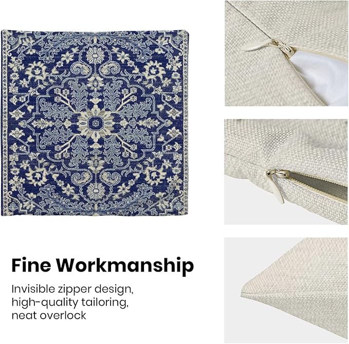 Navy Blue White Boho Pillow Covers 20x20 Set of 2, Carpet Design Decorative Boho Throw Pillows Linen Farmhouse Bohemian Cushion Pillow Covers for Sofa Couch Outdoor Decor