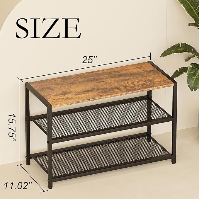 Shoe Rack, 3-Tier Shoe Shelf with Dense Metal Mesh, Durable Industrial Freestanding Shoe Rack for Front Door Entrance, Hallway, Entryway, Living Room, Bathroom (25" Dx11.02 W x15.75 H)