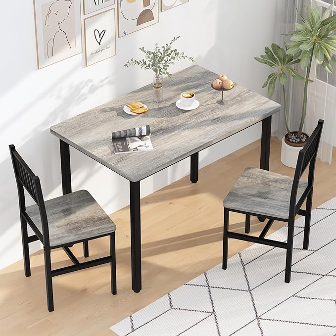 Lamerge Small Kitchen Table Set for 2, Industrial Dining Table and 2 Chairs, 3 Pieces Dining Table Set for 2 Dinner Table Set for Small Space, Apartment,Grey