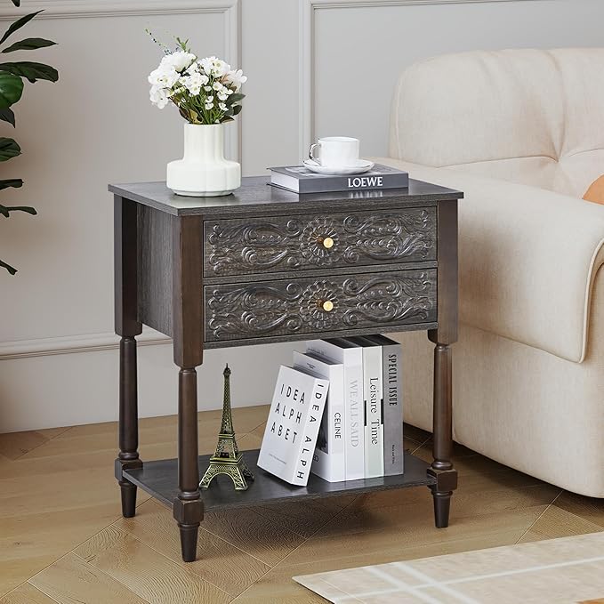 Nightstand, Farmhouse Bedside Table with 2 Drawers and Open Shelf, Wood Sofa Side Table End Table Accent Dresser for Bedroom, Living Room (with Shelf, Grey)