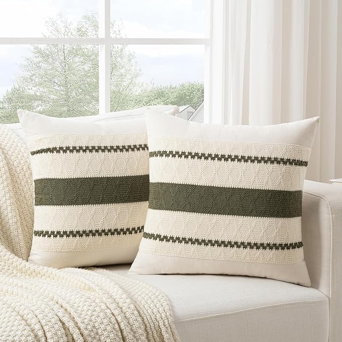 Fancy Homi Set of 2 Boho Olive Green Big Decorative Throw Pillow Cover 24x24 Inch for Couch Bed Bedroom, Aesthetic Modern Organic Farmhouse Room Decor, Soft Cotton Accent Macrame Woven Cushion Case