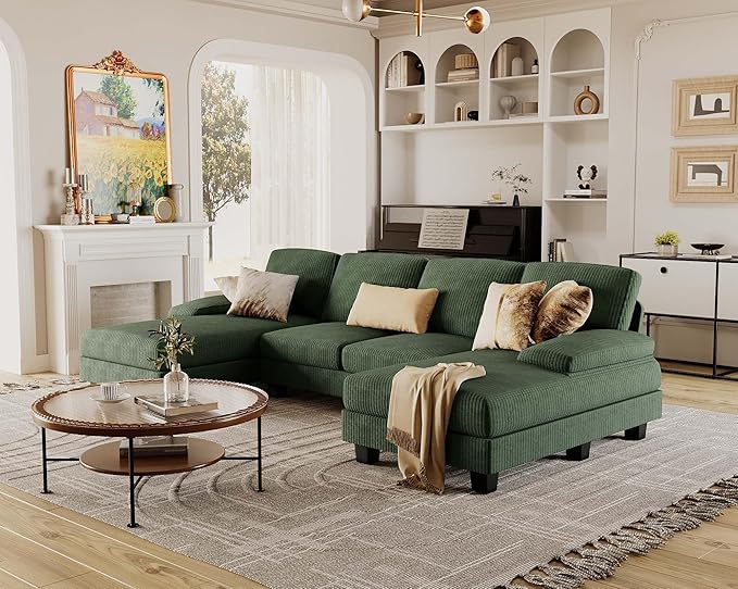 Furmax Sectional Couches for Living Room, U-Shaped Sofa Couch with Linen Fabric, 4 Seat Sofa Set with Double Chaise for Apartment (Corduroy, Dark Green)