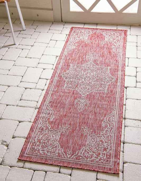 Unique Loom Outdoor Traditional Collection Area Rug - Antique (2' x 8' Runner Rust Red/Ivory)