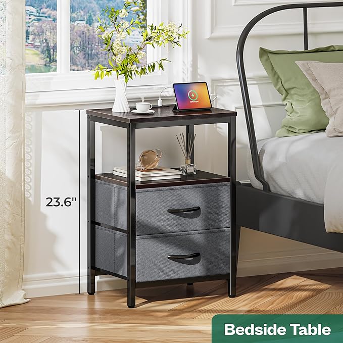 Huuger Nightstands Set of 2, End Tables with Charging Station, Fabric Drawers, Bedside Tables with USB Ports and Outlets, Night Stands for Bedroom, Walnut, 8695NC