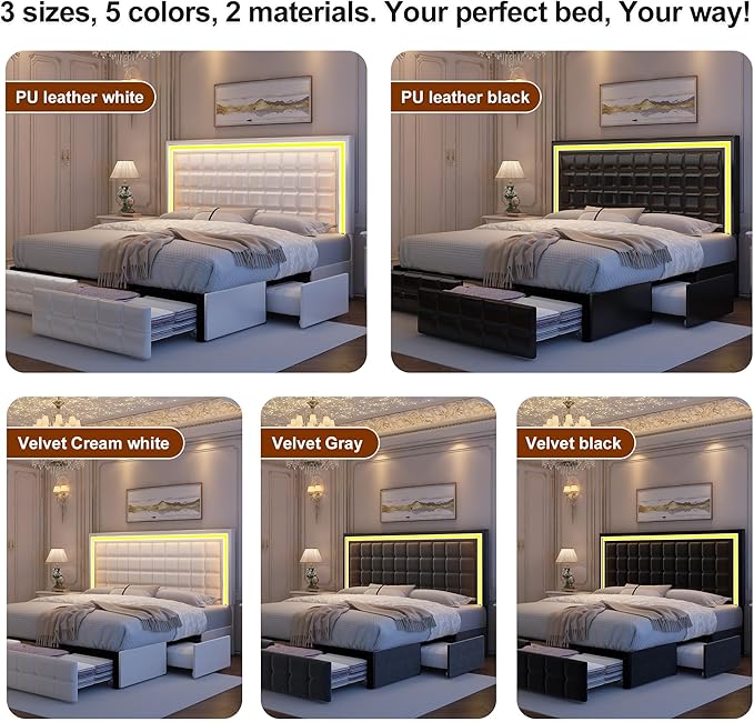Queen Bed Frame with LED Lights & Storage Drawers, No Box Spring Needed, Heavy Duty 900lbs Weight Capacity, Easy Assembly, Modern Upholstered Platform Bed, Velvet Black