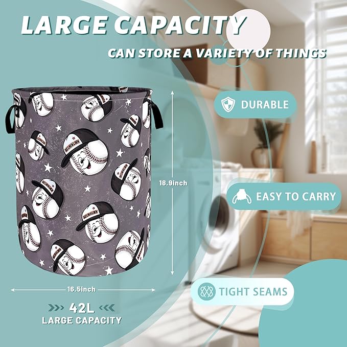 Funny Baseball Laundry Basket Foldable Oxford Cloth Baseball Laundry Hamper With Handle Portable Clothes Storage Basket 18.9 X 16.5 Inch Storage Bag For Laundry Room/Bathroom/Bedroom