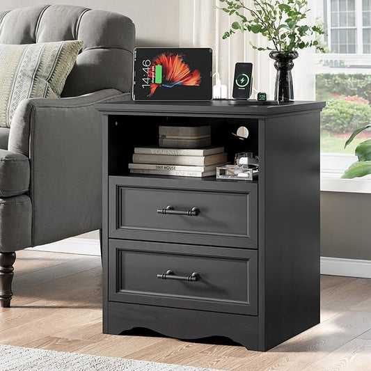 Farmhouse Nightstand with Charging Station, Black Wood Bedside Table & End Table with 2 Drawers and Unique Base Design, Side Table Storage Cabinet with Metal Handles for Bedroom, Living Room