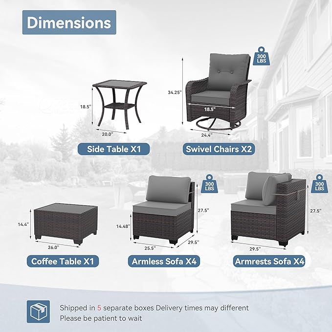 Kurapika 12 Pieces Patio Furniture Set, Rattan Wicker Sofa Set, Outdoor Conversation Sets w/Swivel Rocking Chairs Patio Sectional Sofa w/4 Inch Cushion, Grey