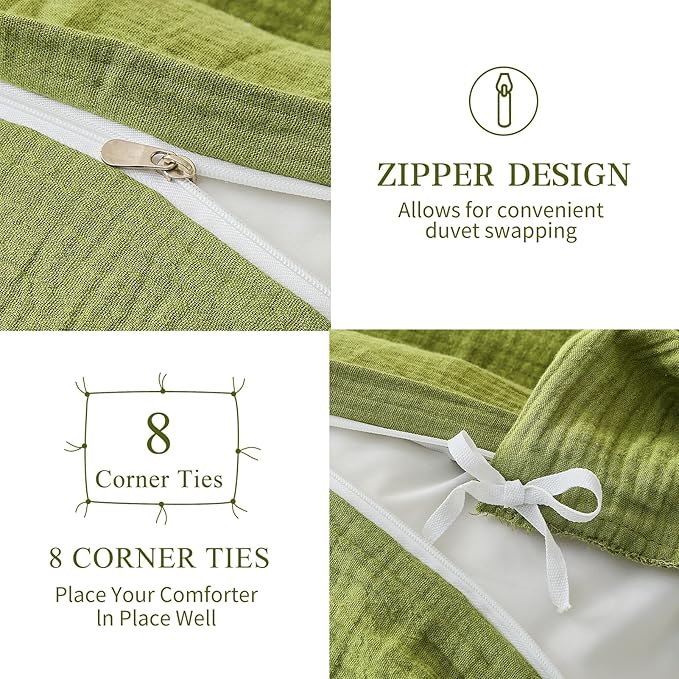 MEISHANG Muslin Duvet Cover King Size - 100% Organic Cotton, Soft Textured Gauze Weave Comforter Cover for Breathable All-Season with Zipper Closure - 3 Piece Set (King, Forest Green)