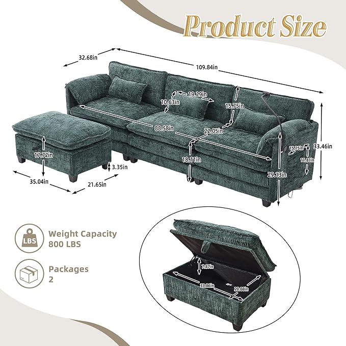 KEIKI 110" L-Shaped Boucle Modular Sectional Chenille Sofa with 1 Ottoman & Memory Foam Cushion & Phone Holder & USB, Upholstered Oversized 4-Seater Couch, Easy Assembly, for Living Room, Emerald