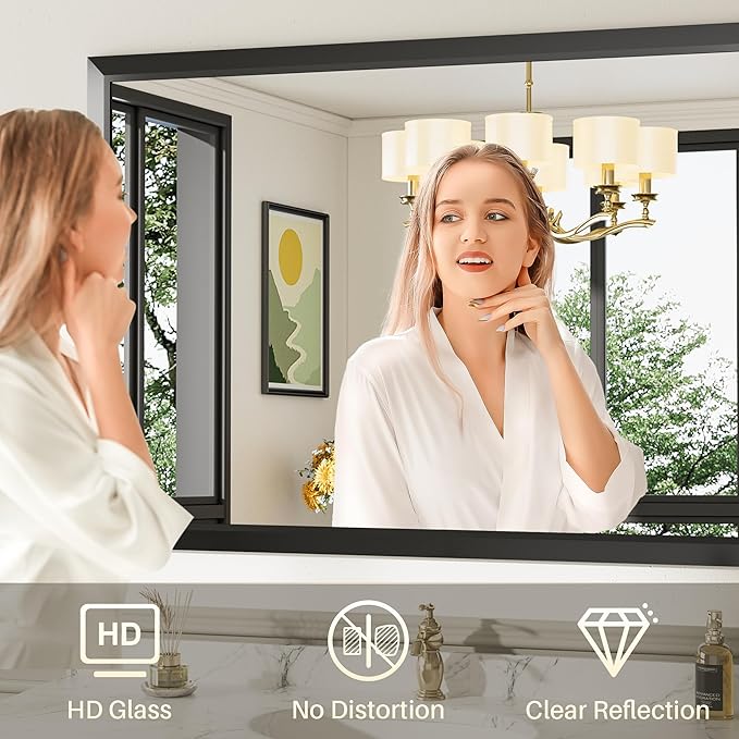 24x32 Inch Black Bathroom Mirror for Wall, Thick Metal Framed Rectangle Mirrors for Over Sink, Bedroom, Living Room, Entryway, Anti-Rust, HD Tempered Glass