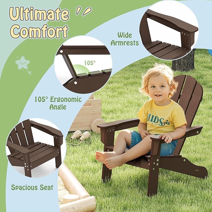 Giantex HDPE Kids Adirondack Chair - All-Weather Lawn Toddler Chair with Ergonomic Design, Children’s Outdoor Chair for Toddlers Ages 3-8, Kid’s Patio Furniture for Deck, Garden (1, Brown)