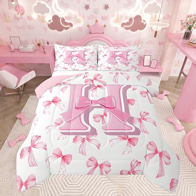 jejeloiu Kids Girls Cute Pink Bow Comforter Set King Size Monogrammed Bedding Set Ultra Soft Personalized Initial H Duvet Quilt Coquette Bow Knot Quilt Set Room Decor Modern Fashion Comforter