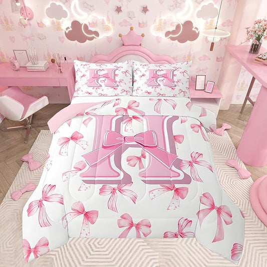 jejeloiu Kids Girls Cute Pink Bow Comforter Set Full Size Monogrammed Bedding Set Ultra Soft Personalized Initial H Duvet Quilt Coquette Bow Knot Quilt Set Room Decor Modern Fashion Comforter