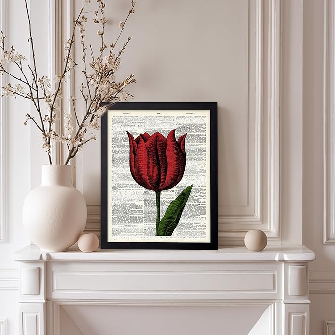 Poster Master Dictionary Art Poster - Tulip Print - Red Flower Art - Floral Art - Gift for Men, Women & Florist - Minimal Decor for Living Room, Bedroom, Dorm or Flower Shop, 8x10 Black Framed