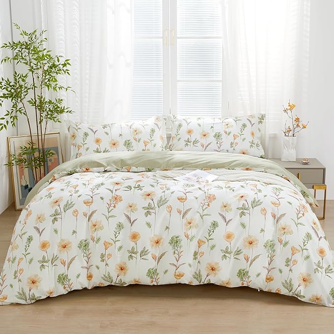 SAPHREAS Floral Duvet Cover Set Queen Size 3pcs Yellow Flower Green Leaf Botanical White Bedding Comforter Cover Set 100% Cotton 1 Duvet Cover 90"x90" 2 Pillow Shams, Comforter Not Included