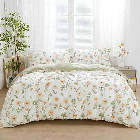 SAPHREAS Floral Duvet Cover Set Queen Size 3pcs Yellow Flower Green Leaf Botanical White Bedding Comforter Cover Set 100% Cotton 1 Duvet Cover 90"x90" 2 Pillow Shams, Comforter Not Included