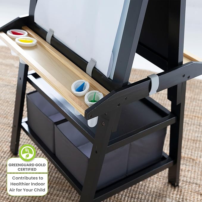 Little Partners Deluxe Learn 'N Play Toddler Easel for Kids, Two-Sided Art Center with Chalkboard, Magnetic Dry Erase Whiteboard, Paper Feed, Storage Bins, Paint Containers (Charcoal & Natural)
