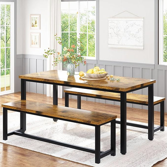 Recaceik Dining Table Set with Bench, 3 Pieces Dining Furniture Set Kitchen Table Set Sturdy Structure Space-Saving Dinette for Kitchen, Dining Room Breakfast Nook, Living Room, Rustic Brown