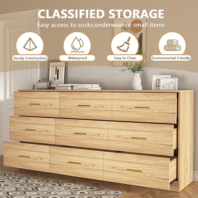 9 Drawer Dresser for Bedroom,63'' Long Dresser with Deep Drawer,Modern Wood Chest of Drawer, Bedroom Storage Furniture,TV Stand for Living Room