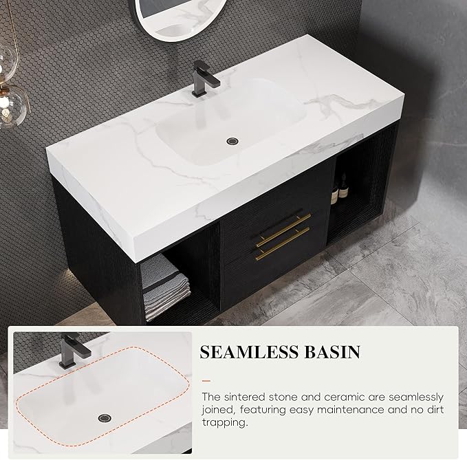 Goujxcy 39.4" Wall Mounted Bathroom Vanity with Sink, Modern Floating Bathroom Cabinet with Ceramic Sink & 2 Drawers, Wood Hanging Bath Room Cabinet with Soft-Close System (White & Black)