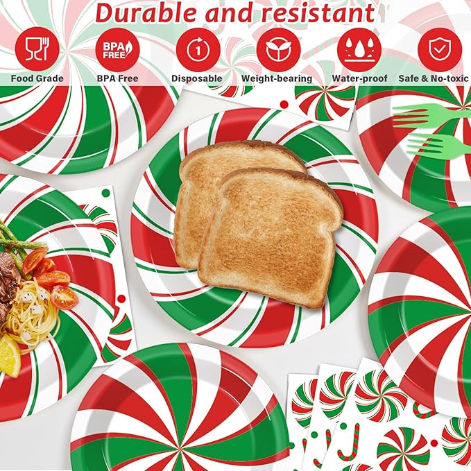 96 Pcs Christmas Peppermint Candy Party Plates Napkins Tableware Set Candy Mint Party Supplies Disposable Dinnerware Red and Green Striped Peppermint Decoration Favors for Holiday Xmas, 24 Guests