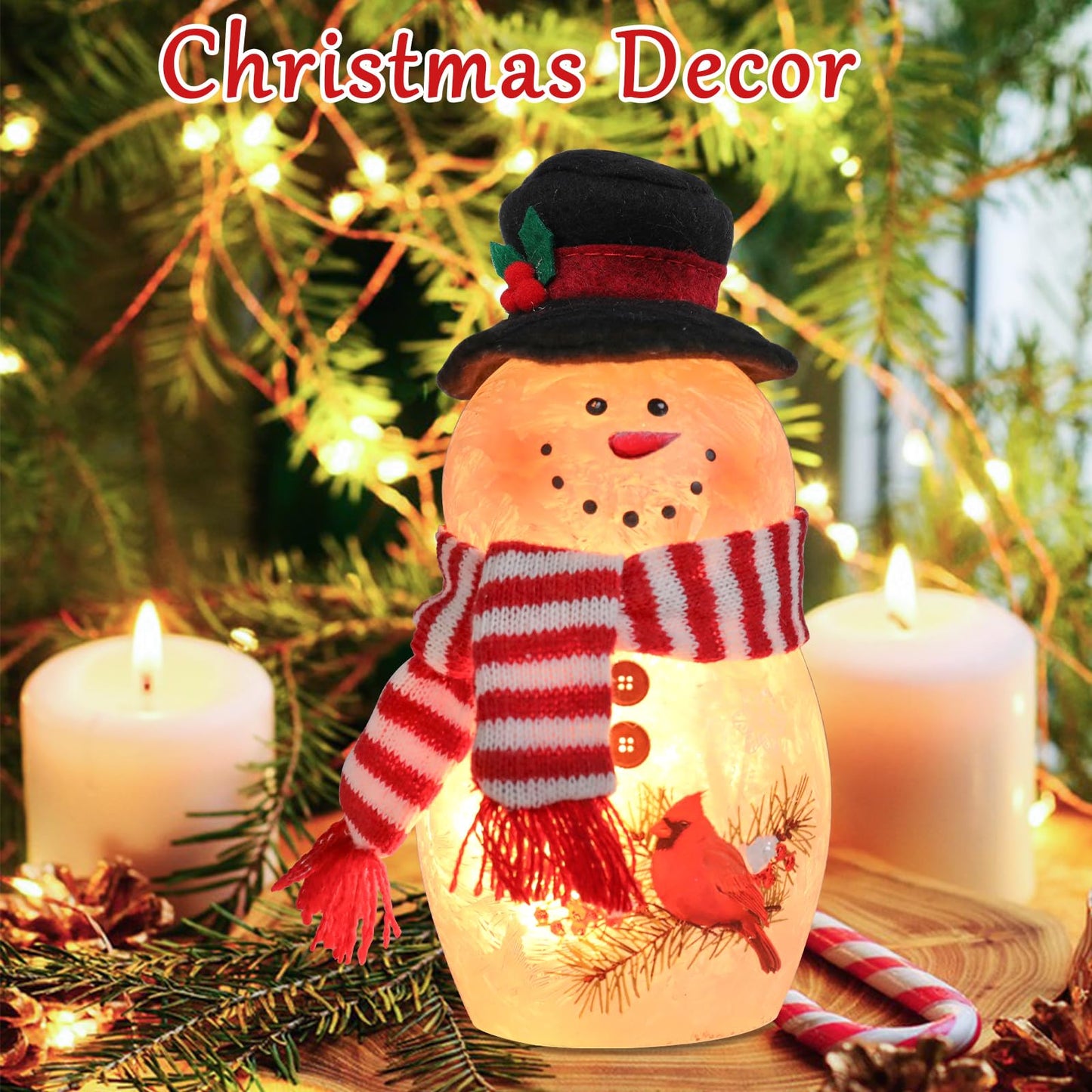 VCUTEKA Crackle Glass Snowman Lamp, Lighted Stained Glass Christmas Decoration with Red Cardinals, Scarf and Hat, LED Holiday Night Light for Xmas Home Décor or Gift