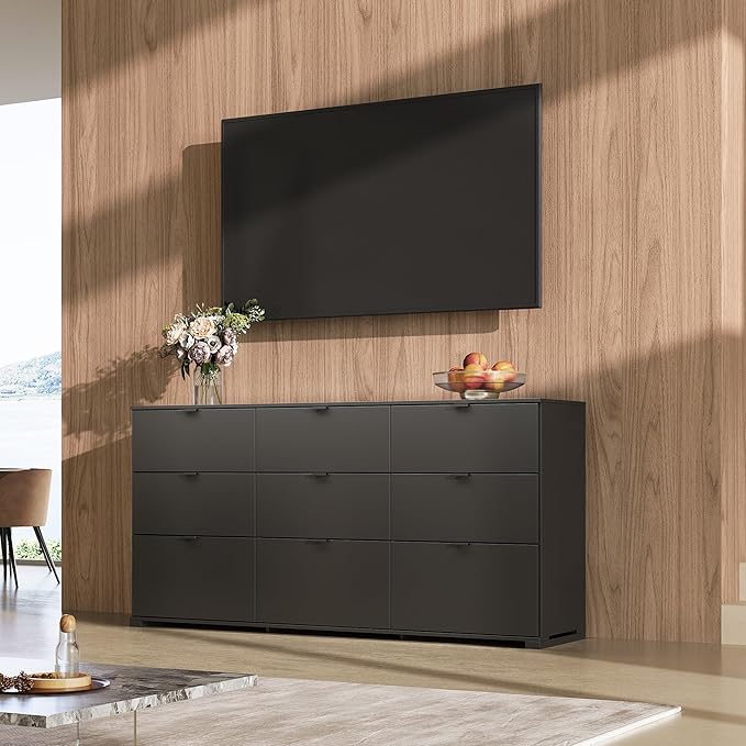 WLIVE 9 Drawer Dresser for Bedroom, 63" Wide Black Drawers Large Wood Chest of Drawers Organize with Sturdy Metal Handle, Modern Dresser for TV Stand, Living Room Office, Hallway, Ball Bearing Slide