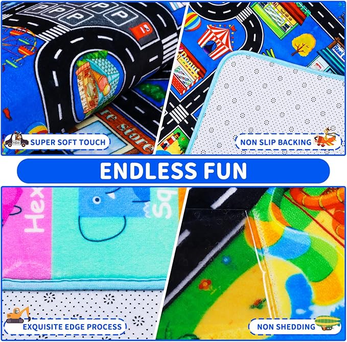 Kids Rugs for Toy Cars Playroom 110"×78.7" ABC Transportation Animals Play Mat Educational Mat Alphabet Area Rug Public Buildings Kids Playtime Collection Toddler Learning Carpet