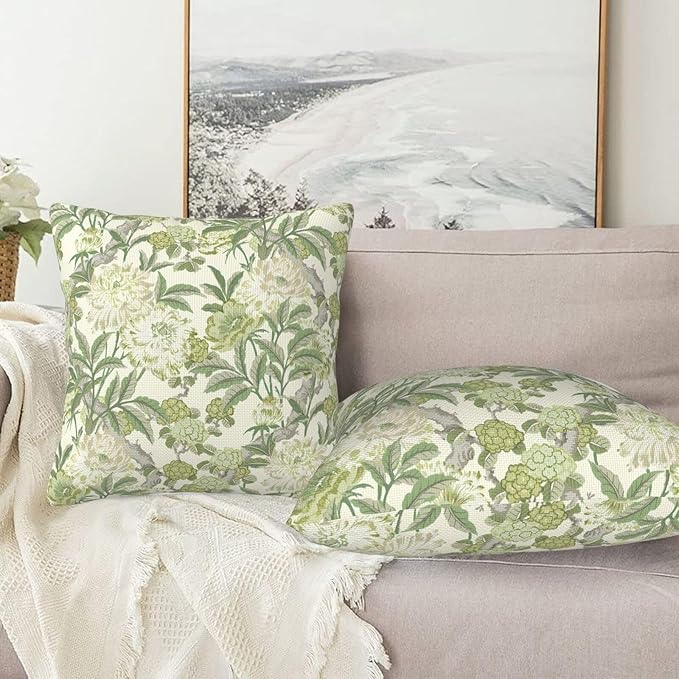 French Country Green Floral Throw Pillow Covers 18x18 Inch Set of 2 Spring Summer Chinoiserie Vintage Flower Pillow Case Farmhouse Decor Cushion Cover of Sofa Living Room Bedroom