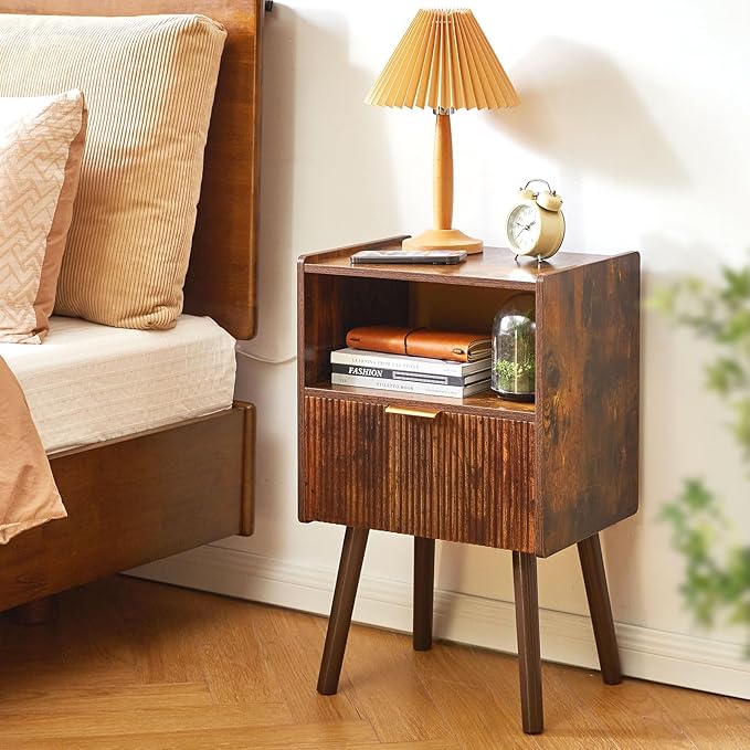 Night Stand with Drawer, Modern Nightstand, Bedside Tables, Mid Century Nightstands with Open Storage Shelf,Small Night Stands, 2-Tier Night Table,Rustic Brown YD-TM061H