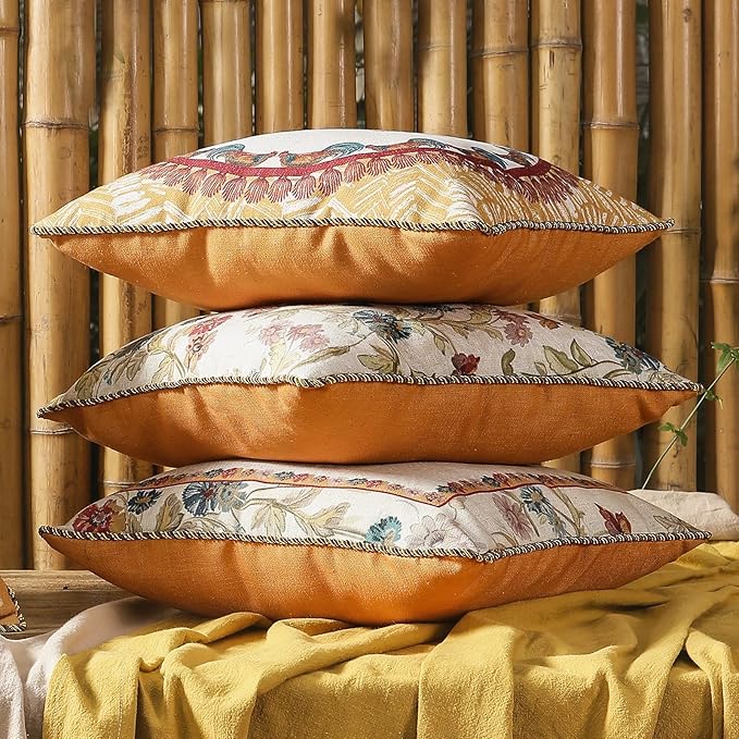 patdrea Designer Pack of 2 Square Throw Pillow Covers,Farmhouse Pink and Yellow Linen with Floral Pattern Pillows Cover,Decorative Pillowcases Cushion for Bed Living Room Outdoor Car,18"x18"