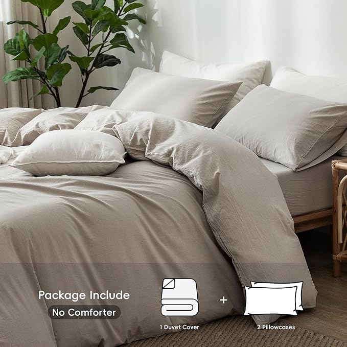 MooMee Bedding Duvet Cover Set 100% Washed Cotton Linen Like Textured Breathable Durable Soft Comfy (Heathered Cream Grey, Super King 108"x98")