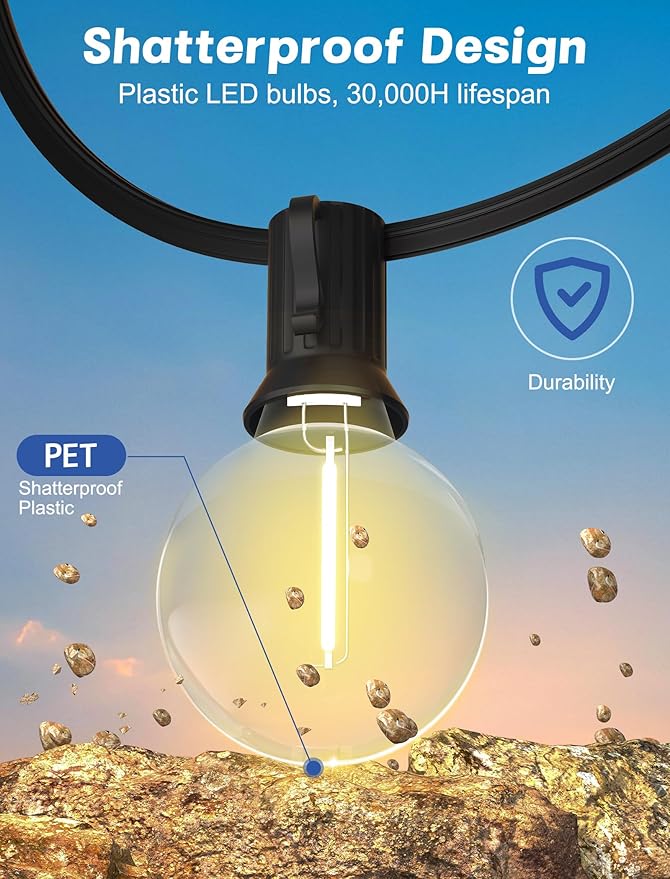 SUNSGNE Outdoor String Lights, 50FT Outdoor Globe Lights with 52 G40 Shatterproof LED Bulbs(2 Spare), String Lights for Outside Patio Porch Garden Backyard Balcony Deck Decor, E12 Sockets