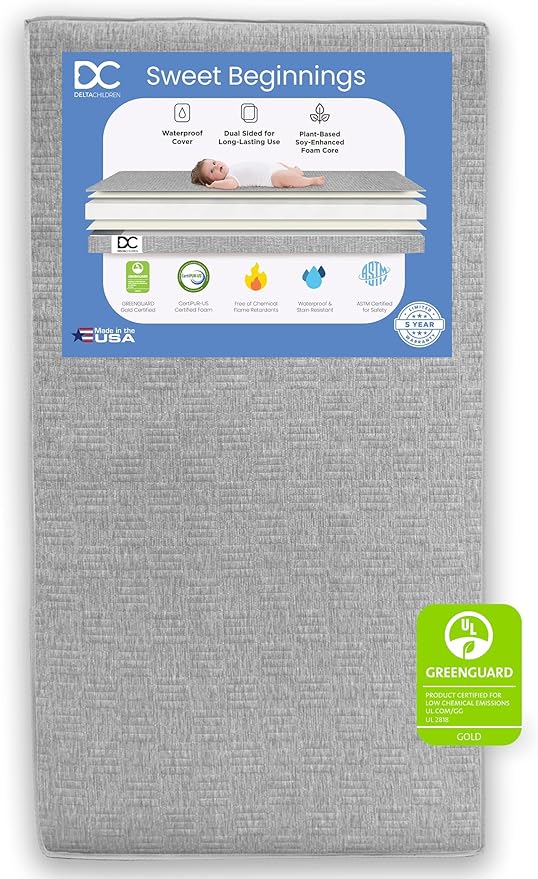 Delta Children Sloane Crib 7-Piece Baby Nursery Furniture Set–Includes: Convertible Crib, Dresser, Changing Top, Crib Mattress, Fitted Sheets, Toddler Guardrail & Changing Pad, White w/Melted Bronze