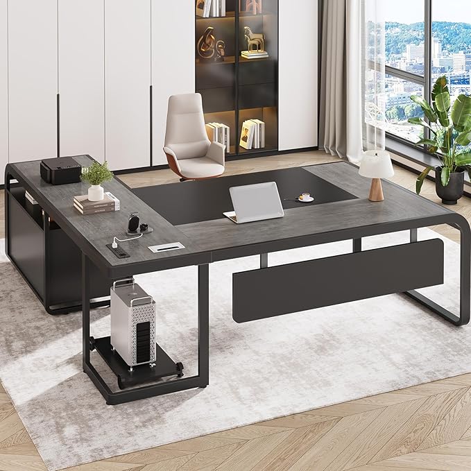 SEDETA 63 Inch Executive Desk, L Shaped Desk with Drawers, Large Office Desk with File Drawer, Computer Desk with Mobile CPU Stand, Storage Shelves, Power Outlets for Home Office, Gray