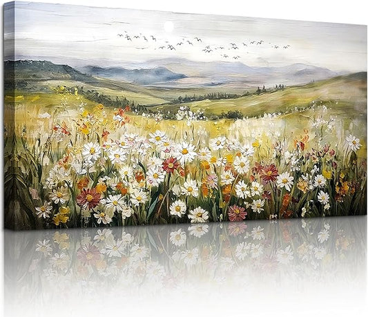 SERIMINO Nature Landscape Wall Art, Mountain Daisy Extra Large Artwork, Wildflower Meadow Rustic Home Decor Art Prints, French Country Aesthetic Paintings Wall Decor Living Room Dining Room 30X60 Inch