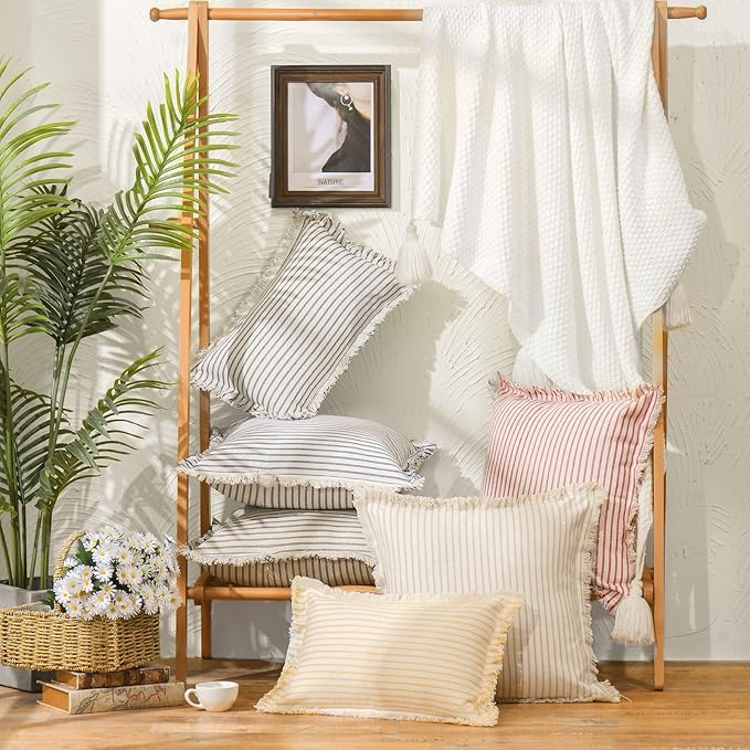 ZWJD Throw Fall Pillow Covers 22x22 Set of 2 Striped Pillow Covers with Fringe Chic Cotton Decorative Pillows Square Cushion Covers for Sofa Couch Bed Living Room Farmhouse Decor
